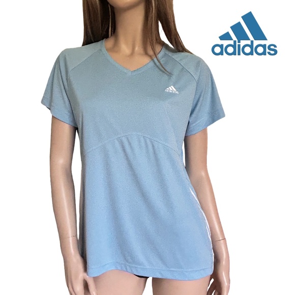 Adidas 3 Stripe Fitness Top Shirt Pullover V-Neck Baby Blue Yoga Gym Active Wear - Picture 1 of 12